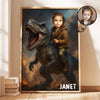 Personalized Child Riding T-Rex Jurassic Dinosaur Art, Custom Portrait From Photo Personalized Poster, Dinosaur Birthday Party, Christmas Gifts for Kids and Grandkids