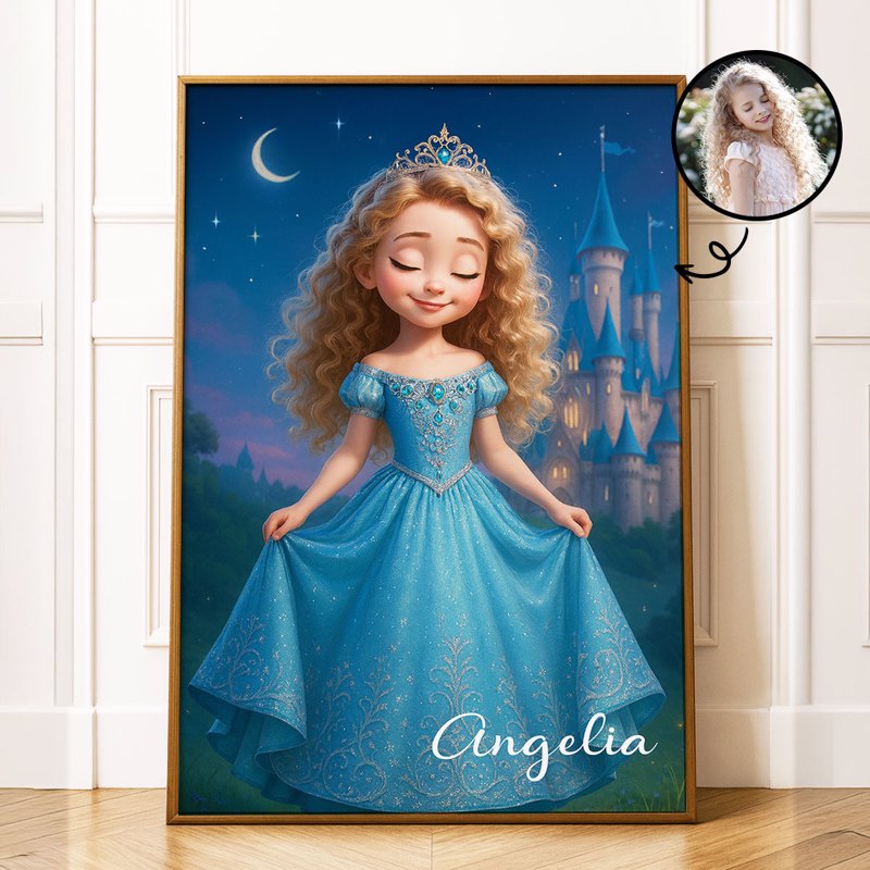 Blue Princess Art from Photo Personalized Poster for Kids, Birthday, Christmas Gift for Daughter, Granddaughter