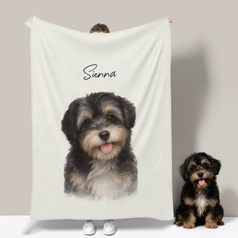 Custom Watercolor Portraits Using Pet Photo Personalized Fleece Blanket, Gift for Dogs Cats Lovers, Pet Lover Gift