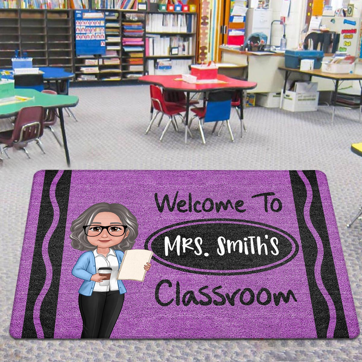 Teacher Welcome To Classroom Crayon Pattern Cute - Personalized Doormat - Back To School Gift, Classroom Decoration