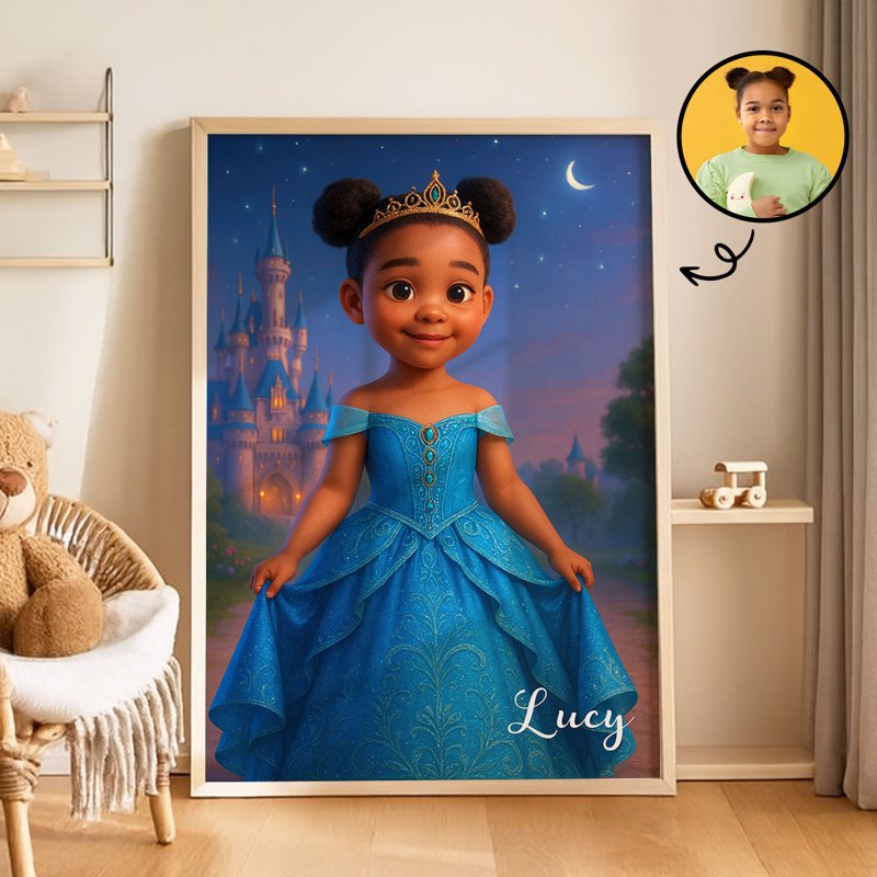 Blue Princess Art from Photo Personalized Poster for Kids, Birthday, Christmas Gift for Daughter, Granddaughter