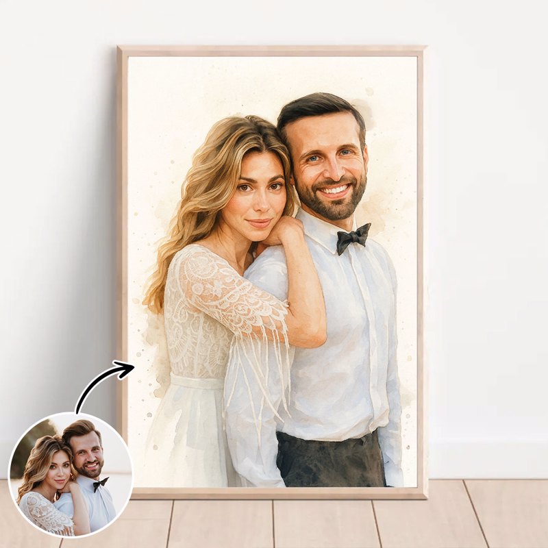 Watercolor Couple Portrait from Photo, Custom Wedding Anniversary Gift for Wife Husband Parents, Engagement Gift for Friend, Unique Wall Art