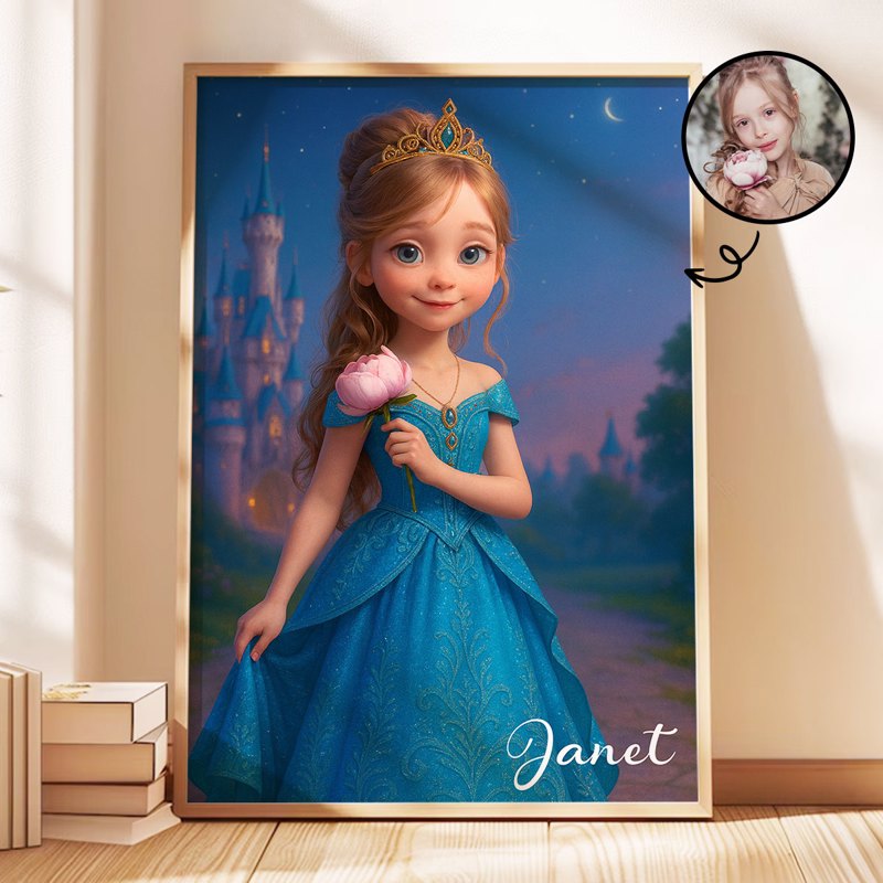 Blue Princess Art from Photo Personalized Poster for Kids, Birthday, Christmas Gift for Daughter, Granddaughter