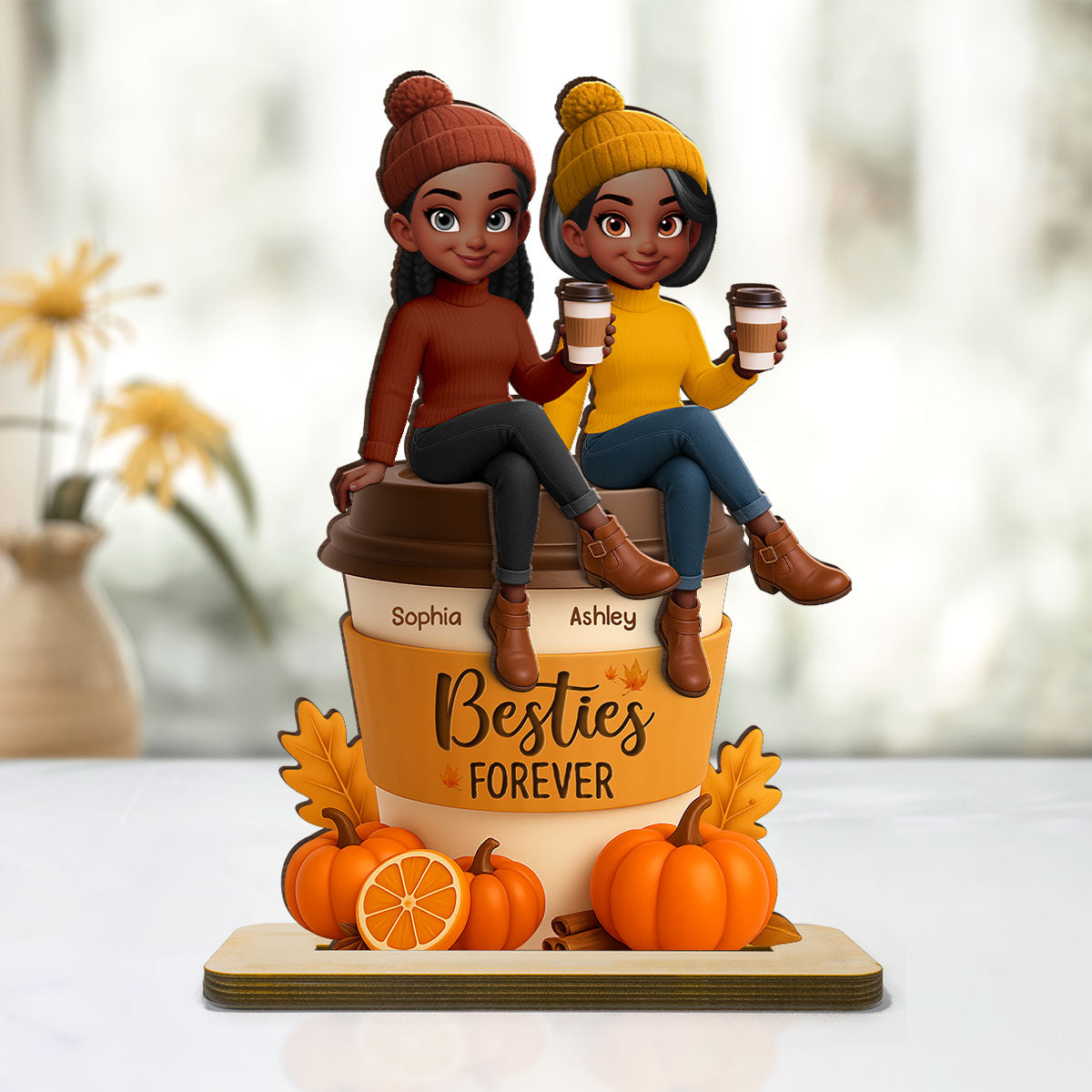 Fall Season Besties Sitting On Pumpkin Spice Latte Personalized Standing Wooden Plaque