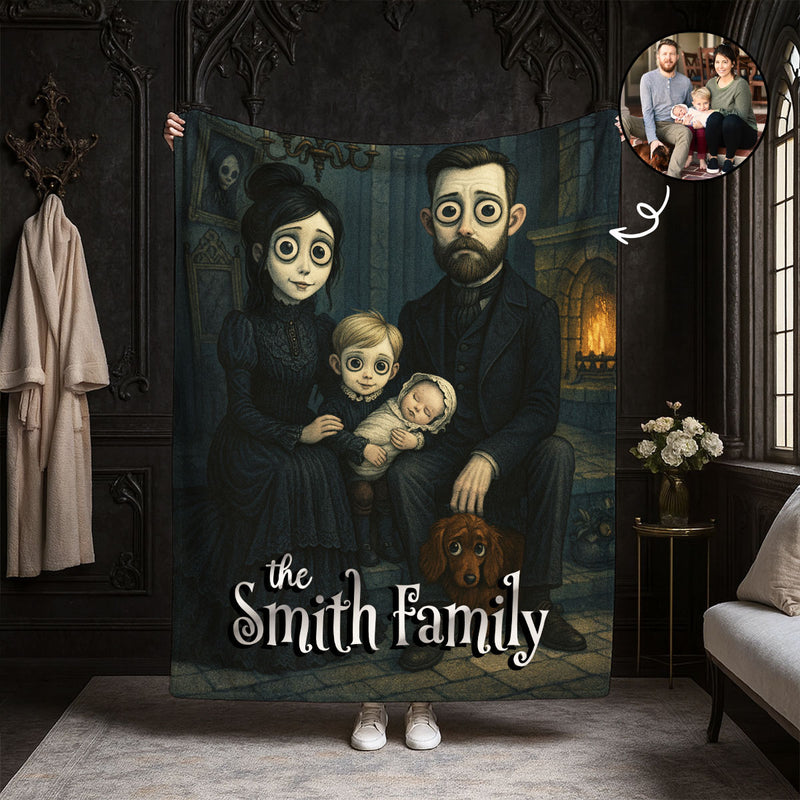Custom Gothic Family Portrait from Photo Personalized Fleece Blanket, Halloween Decor