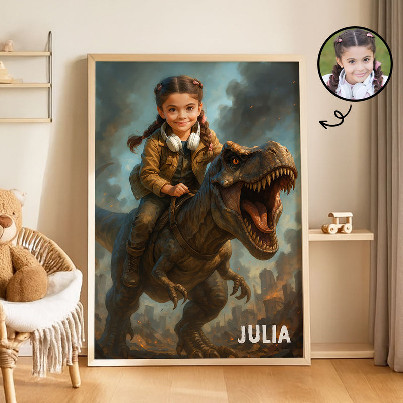 Personalized Child Riding T-Rex Jurassic Dinosaur Art, Custom Portrait From Photo Personalized Poster, Dinosaur Birthday Party, Christmas Gifts for Kids and Grandkids