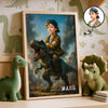 Personalized Child Riding T-Rex Jurassic Dinosaur Art, Custom Portrait From Photo Personalized Poster, Dinosaur Birthday Party, Christmas Gifts for Kids and Grandkids