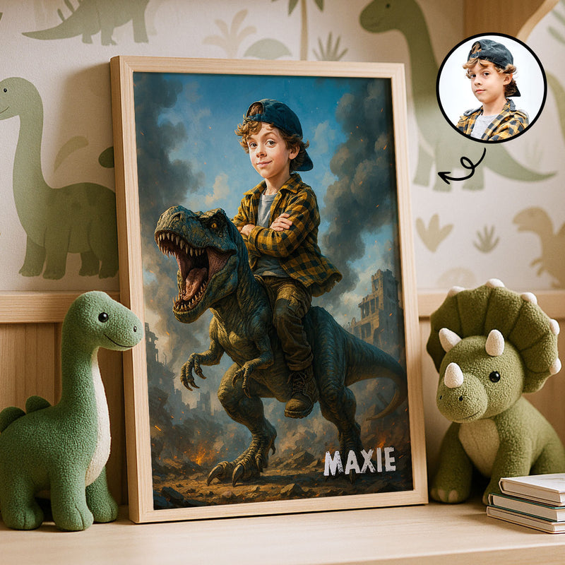 Personalized Child Riding T-Rex Jurassic Dinosaur Art, Custom Portrait From Photo Personalized Poster, Dinosaur Birthday Party, Christmas Gifts for Kids and Grandkids