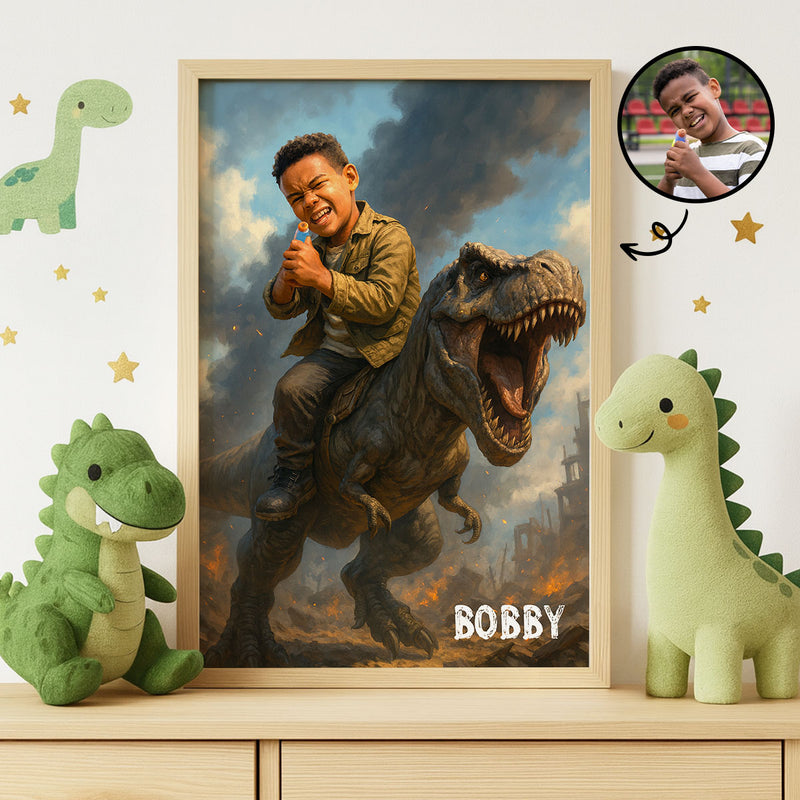 Personalized Child Riding T-Rex Jurassic Dinosaur Art, Custom Portrait From Photo Personalized Poster, Dinosaur Birthday Party, Christmas Gifts for Kids and Grandkids