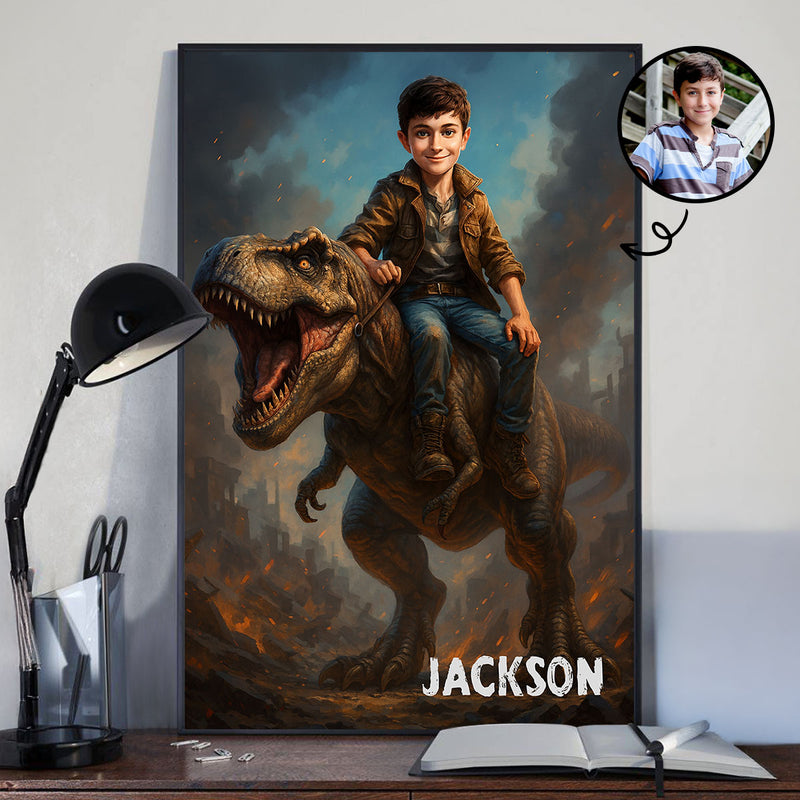 Personalized Child Riding T-Rex Jurassic Dinosaur Art, Custom Portrait From Photo Personalized Poster, Dinosaur Birthday Party, Christmas Gifts for Kids and Grandkids