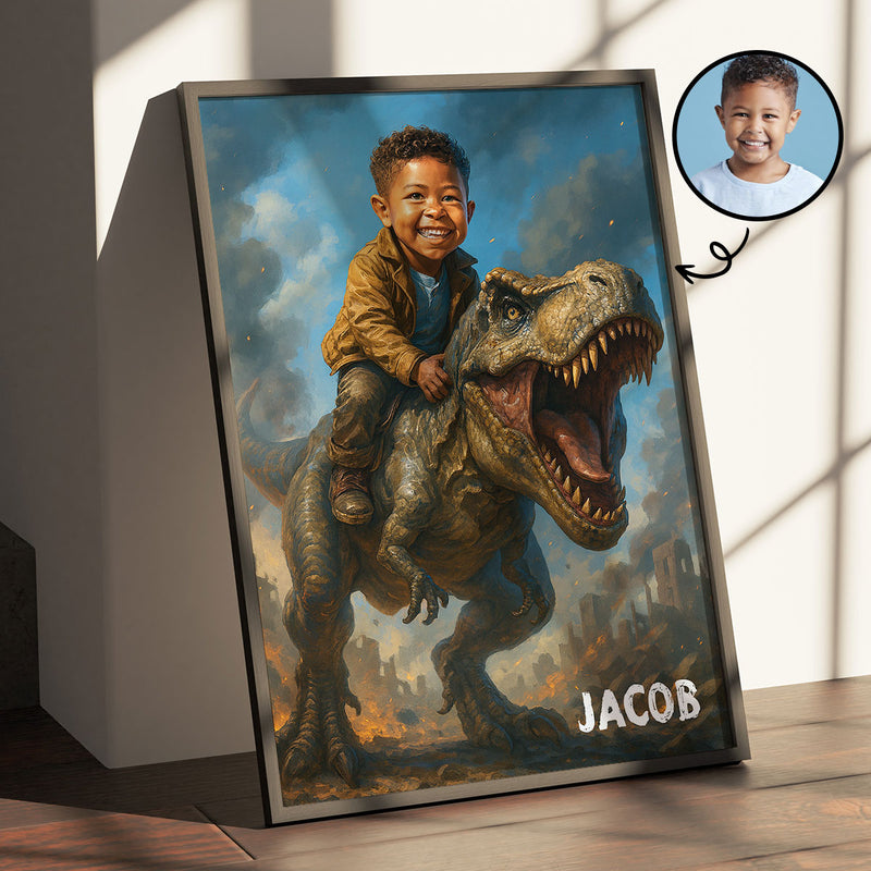 Personalized Child Riding T-Rex Jurassic Dinosaur Art, Custom Portrait From Photo Personalized Poster, Dinosaur Birthday Party, Christmas Gifts for Kids and Grandkids