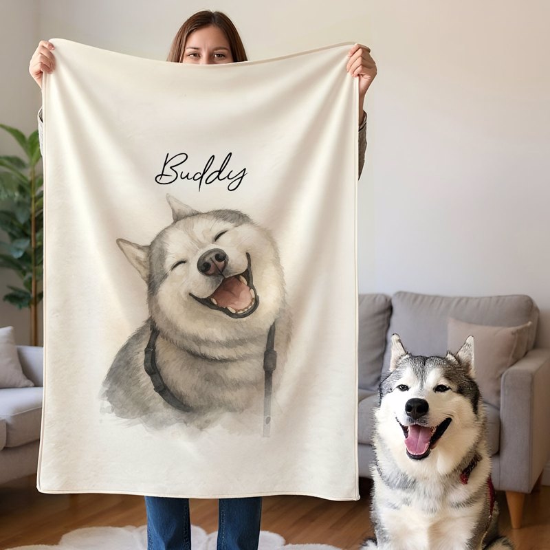Custom Watercolor Portraits Using Pet Photo Personalized Fleece Blanket, Gift for Dogs Cats Lovers, Pet Lover Gift