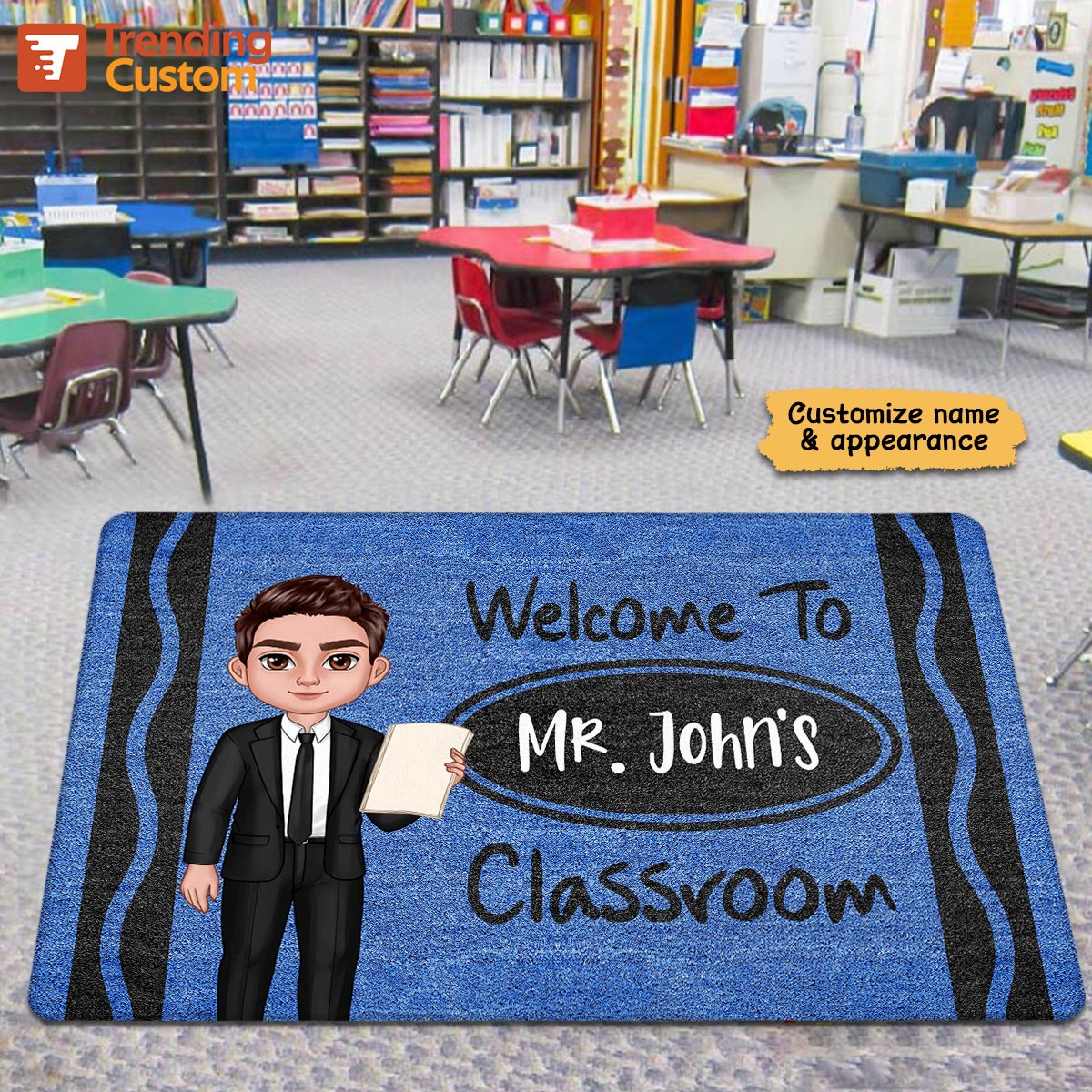 Male Female Teacher Crayon Pattern Welcome To Classroom Personalized Doormat| Back To School Gift, Classroom Decoration