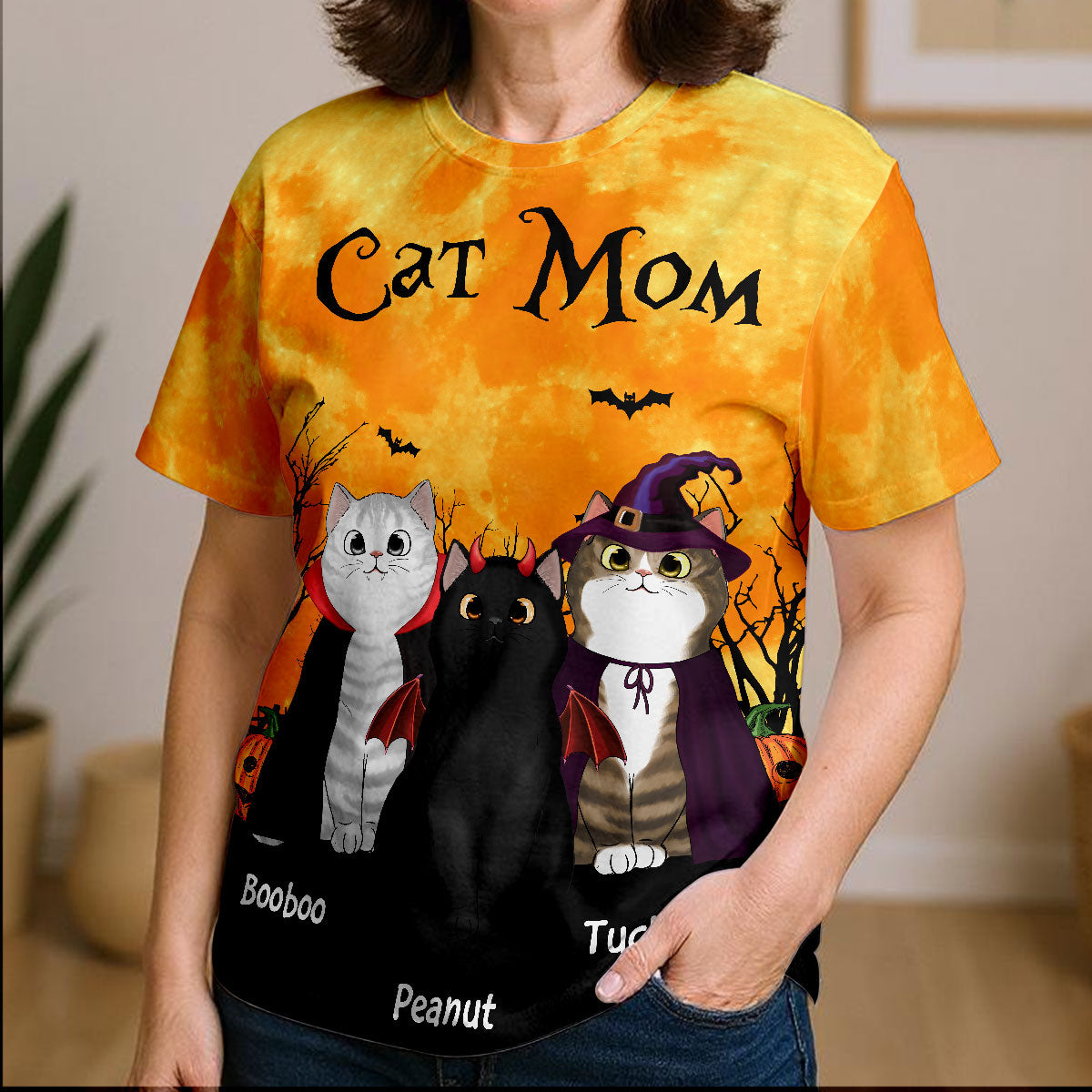 Cat Mom Halloween Moon Light Bat Tree - Personalized 3D Shirt
