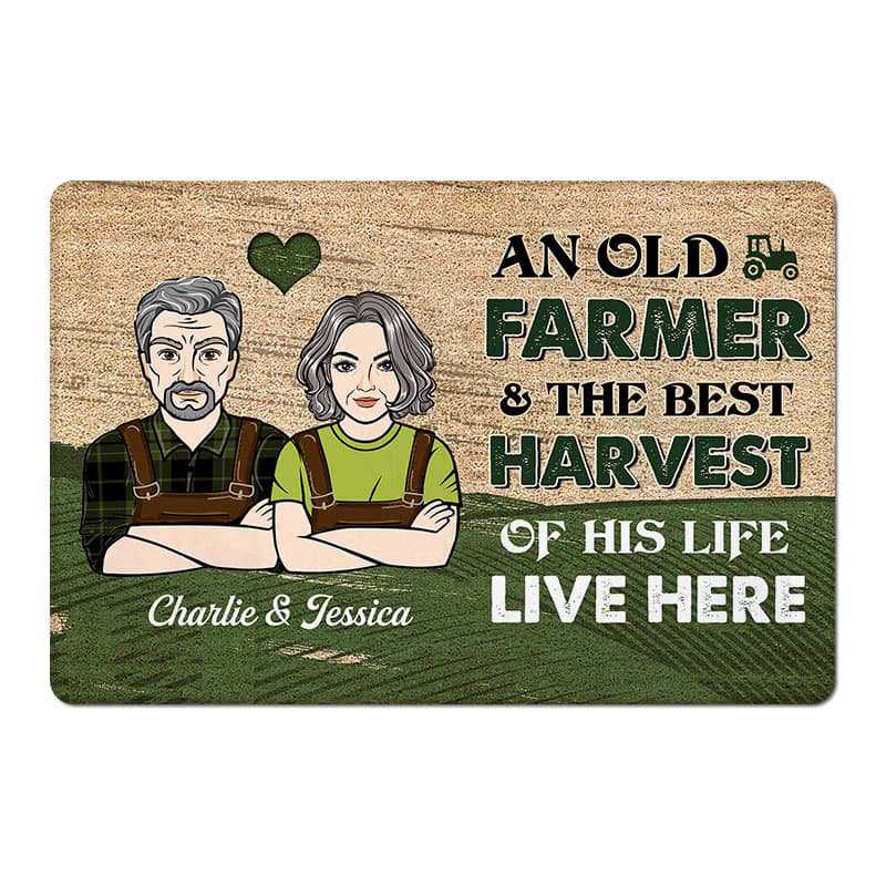 Old Farmer & His Harvest Live Here Personalized Doormat