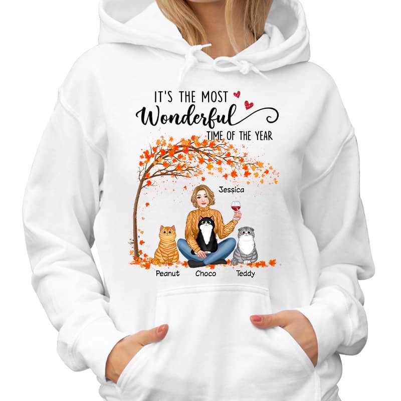 Pretty Girl & Fluffy Cat Under Tree Personalized Hoodie Sweatshirt
