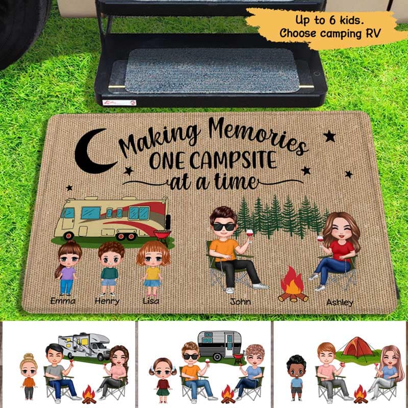 Happy Campers Camping Family Doll Personalized Doormat